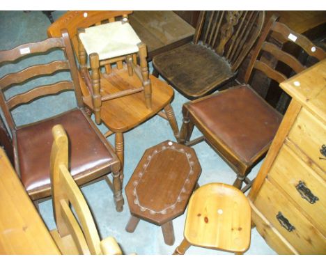 Two oak ladder back chairs , wheel back chair, pine kitchen and three assorted stools.(7)