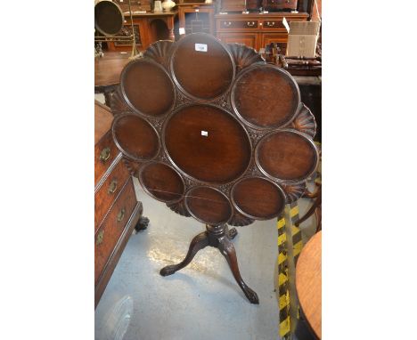 Good quality reproduction carved mahogany tilt-top pedestal supper table, the shell and dish top above a bird cage column sup