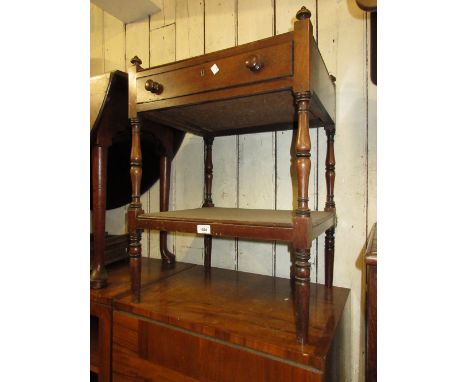 19th Century mahogany two tier buffet with single drawer having knob handles, on turned supports, 29ins high x 21ins wide x 1