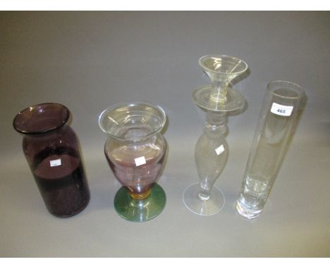 Cylindrical Art Glass vase etched with ducks in flight, together with three other various large Art Glass vases 