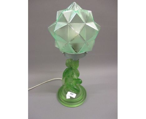 Art Deco green frosted glass figural table lamp with shadeSome chips to base of shade as shown in photos. Also a chip to the 