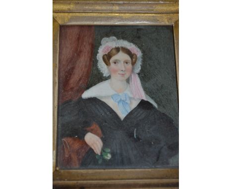 19th Century maple framed watercolour, portrait miniature of a lady, 4ins x 3ins, two similar maple framed silhouette picture