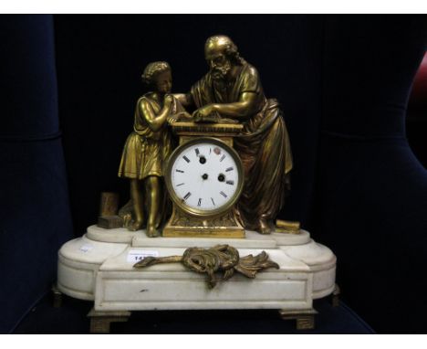 19th Century French ormolu and marble mantel clock surmounted by figures reading from a book (movement at fault) 