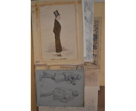 Box containing a quantity of unframed ink and other drawings, portrait, landscape and other scenes, majority signed 