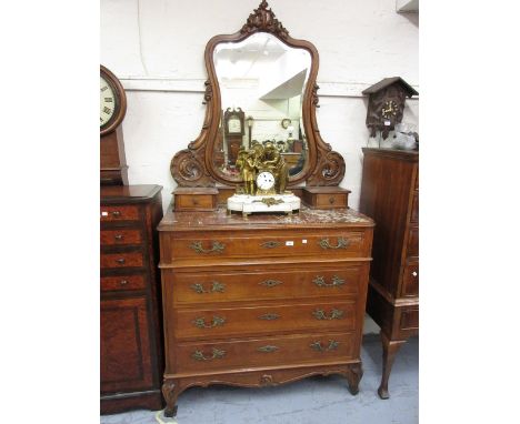 19th Century French walnut commode dressing chest with a swing mirror above two drawers, the rouge marble inset top above fou