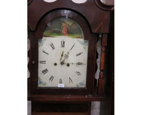 19th Century mahogany and oak longcase clock, the broken arch hood with swan neck pediment and flanking pilasters above a rec