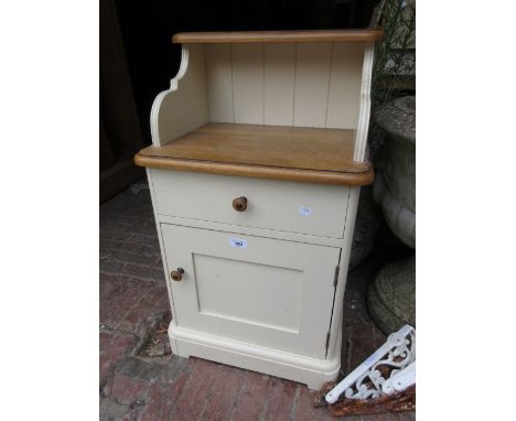 Laura Ashley, oak and cream painted bedside cabinet with single drawer and single panel door on plinth base, 32ins high, 19in