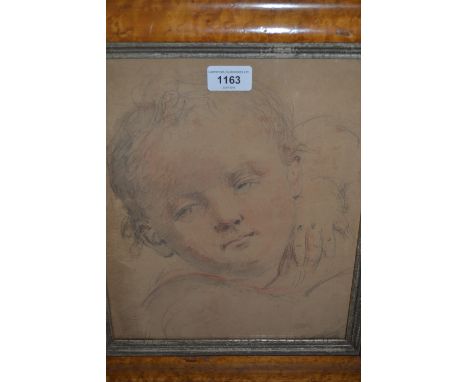 19th Century sepia chalk, pencil and watercolour, head and shoulder portrait of a child, maplewood framed, 12ins x 10ins 