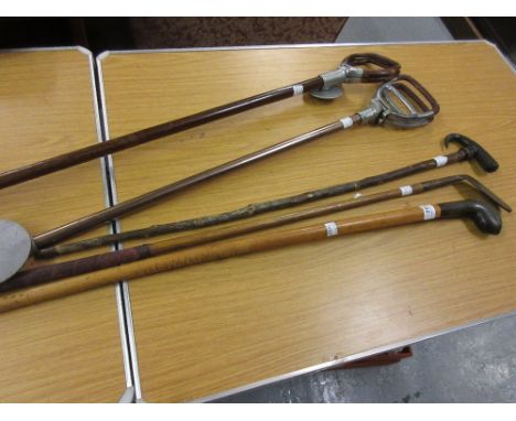 19th Century Malacca horn handled walking stick, another horn handled walking stick with later shaft, two 20th Century shooti