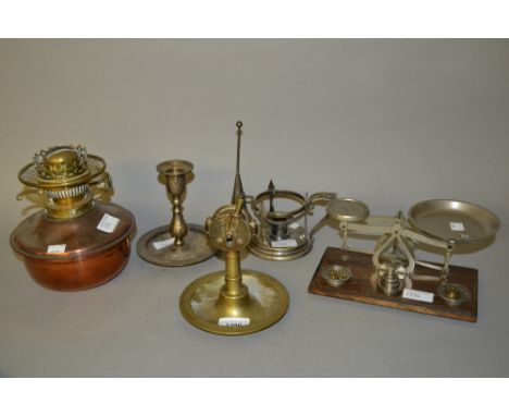 Early 20th Century brass cigar cutter / matchstriker in the form of a ships engine regulator, pair of balance scales with wei
