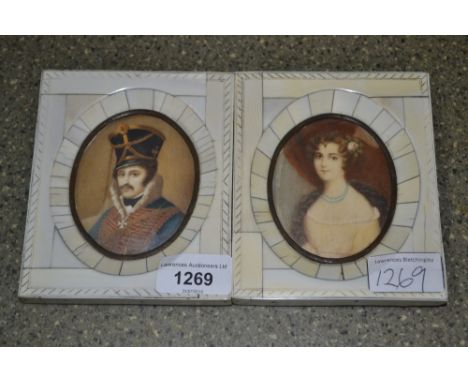 Pair of continental oval portrait miniatures of a continental officer in uniform and a lady with rose in her hair, indistinct