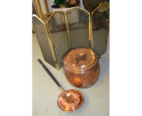 Large 19th Century copper iron handled cooking pot with lid, copper warming pan with ebonised handle and a modern brass frame