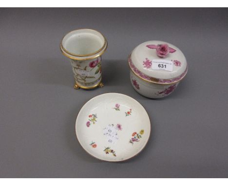 Herond Hungery floral and gilt decorated circular pot and cover and a late Meisen circular floral hand painted saucer dish an
