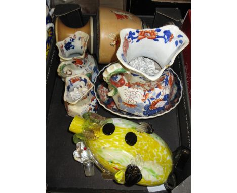 Murano glass clown decanter with stopper, three graduated Masons Ironstone jugs, oval Imari bowl and a Greek design pedestal 