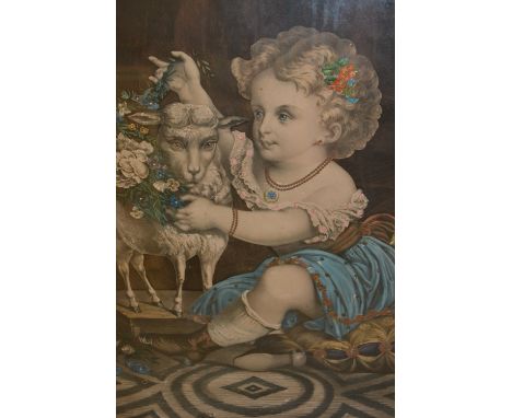 19th Century maple framed lithograph, child and a sheep 