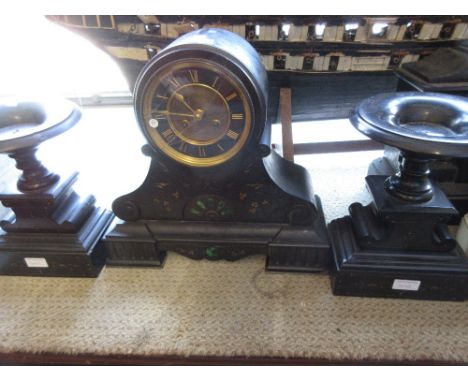 19th Century black slate and malachite inlaid drum form mantel clock  with a black dial with gilt Roman numerals and two trai