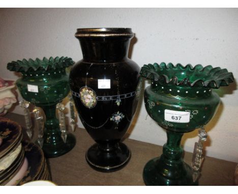 Pair of Victorian green glass enamel and gilt decorated pedestal lustres (lacking some drops) and a Victorian black glass bal