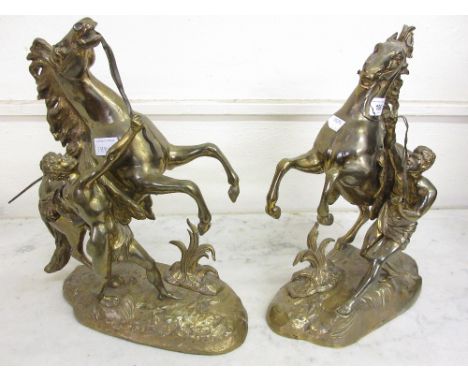 Pair of 19th Century polished bronze Marli horse groups, 16ins high each 