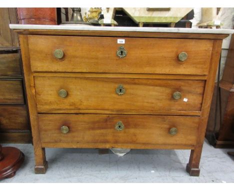 19th Century Continental fruitwood three drawer commode having white marble top, raised on square stile end supports, 36ins h