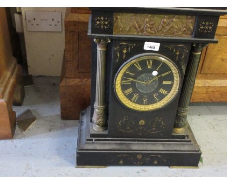 Large 19th Century black slate and gilt metal mounted mantel clock, the rectangular case with classical frieze above a black 