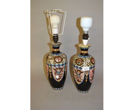 Pair of early 20th Century cloisonne baluster form vases, later converted to table lamps 