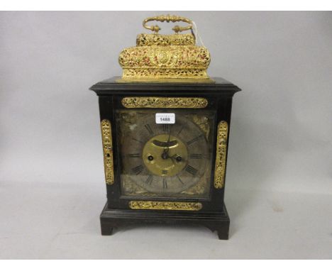 Ebonised and ebony veneered table or bracket clock, the gilt brass dial with silvered chapter ring, Arabic and Roman numerals