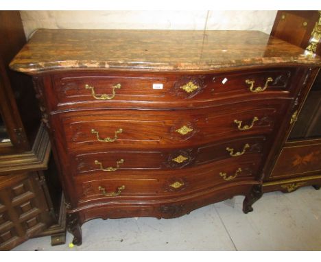 19th Century French rosewood commode, the flecked rouge marble top above four drawers with cast brass handles and escutcheons