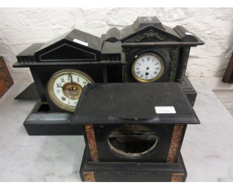 Two 19th Century black slate mantel clocks (at fault), together with a similar metal cased mantel clock 