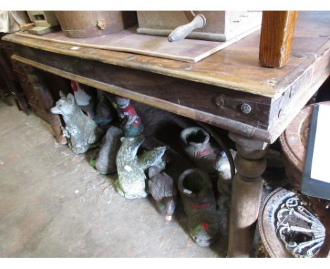 Indian hardwood iron studded dining table on turned supports with two end drawers, together with a set of four matching hardw