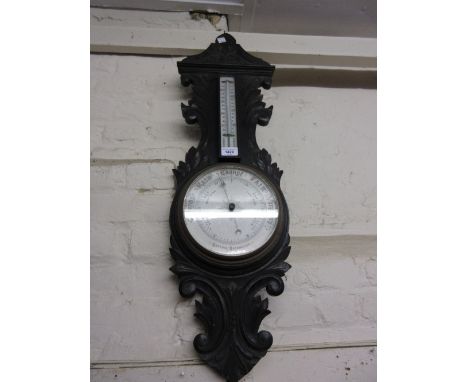 Victorian carved oak aneroid barometer / thermometer 