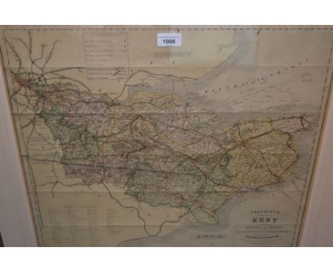 19th Century hand coloured Cruchley's County map of Kent from Ordnance surveys, gilt framed, 19ins x 21.5ins 