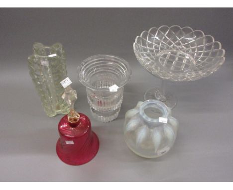 Lalique style opalescent glass vase, a cranberry glass bell, an Art Glass vase, a pedestal vase (at fault), a pedestal compor