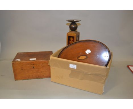 Small mahogany and inlaid oval drinks tray, a 19th Century wooden money box, an oak box, conch shell lamp, a giltwood candle 