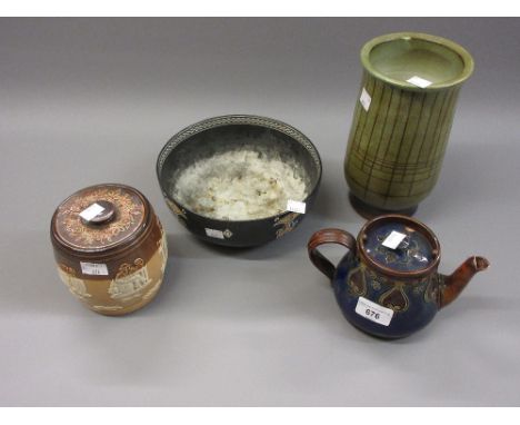 Royal Doulton stoneware teapot together with a Royal Doulton Harvestware tobacco jar with cover, a Rye pottery vase and a She