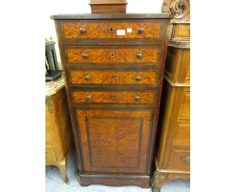 19th Century Continental amboyna and rosewood narrow side cabinet, the moulded top above four drawers and a single rectangula