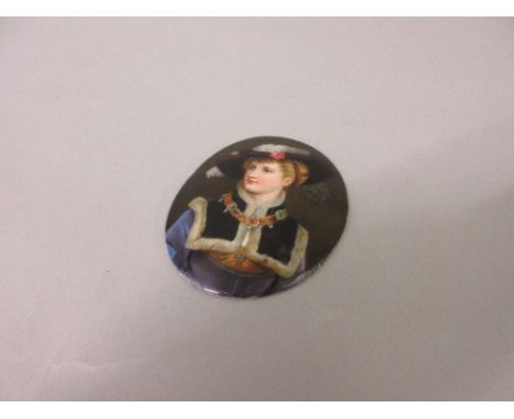 19th Century oval porcelain plaque, handpainted with a head and shoulder portrait of a lady in a feathered hat, 3.5ins x 2.5i