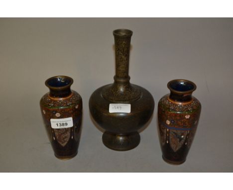 Pair of early 20th Century Japanese cloisonne vases (one at fault) together with a Persian enamel decorated bottle vase 