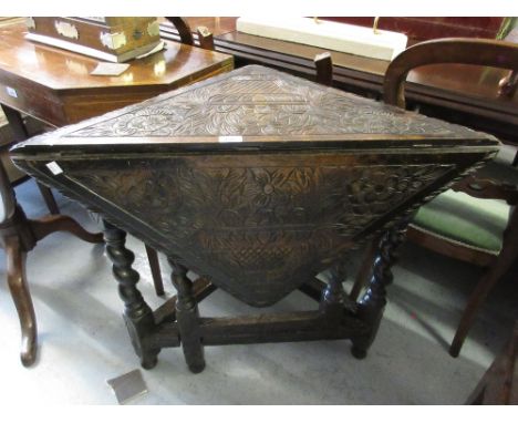 Victorian carved dark oak drop-leaf corner table on barley twist supports with stretchers 