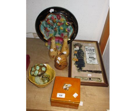 Bretby square lidded pottery honey pot, modern honey pot in the form of a hive, two honey bottles with stoppers, a Continenta