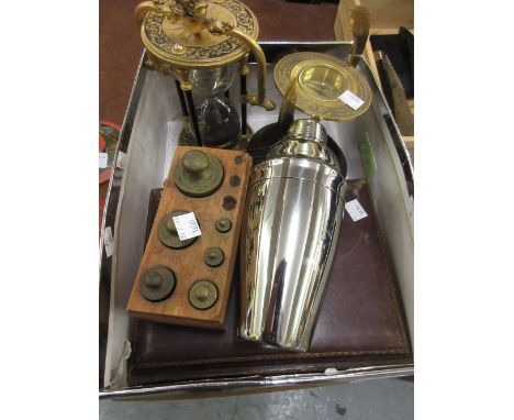 Reproduction gilt brass hour glass, reproduction compass, part set of brass weights, a cocktail shaker , silver plated cigar 