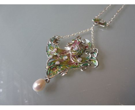 Art Nouveau style necklace set with enamel, rubies, opals and a cultured pearl 