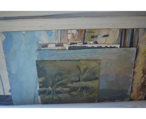 Folder containing five Russian School oils, landscape, portrait and other scenes, all inscribed verso, all unframed 