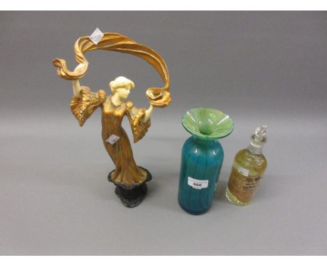 Mdina Art Glass flared rim vase bottle of Eau de Cologne de Jean Marie Farina and a 20th Century resin figure of a dancing gi