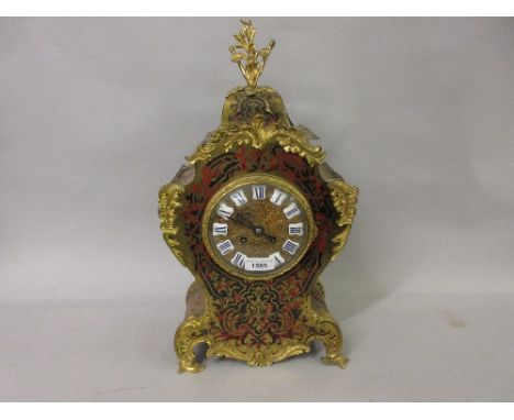 Late 19th or early 20th Century buhl red stained tortoiseshell and cut brass two train mantel clock 