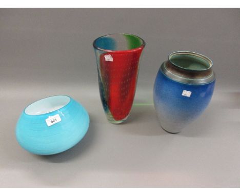 Royal Doulton Art Glass vase together with a bubble Art Glass vase and a pottery baluster form vase 