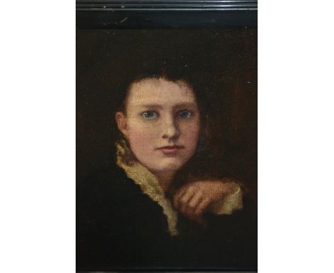 In the manner of Frederic Leighton, late 19th Century oil on board, head and shoulder portrait of a young lady, ebonised fram