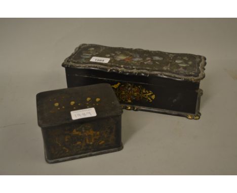 19th Century mother of pearl inlaid lacquer glove box together with a small chinoiserie lacquered tea caddy 