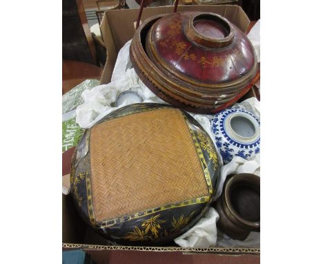 Two Chinese lacquered boxes, two bronze vases, porcelain ginger jar and a tea bowl 