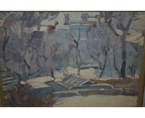 20th Century oil on board, winter landscape inscribed on the frame R. Wakeham Pilot, in a silver gilt frame, 8ins x 10ins tog