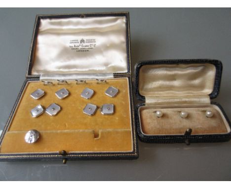 Cased part set of 9ct white gold diamond and mother of pearl inset dress studs including cufflinks, together with a cased set